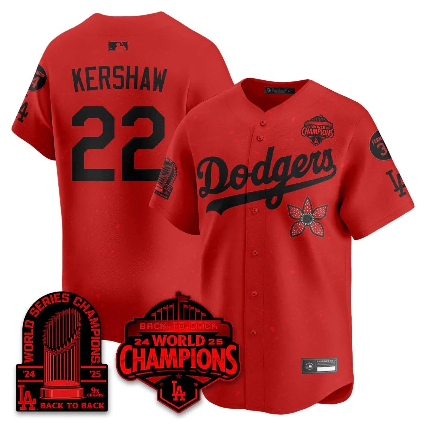 Clayton Kershaw Jersey #22 Dodgers 2025 Champions Stranger Things 9x Champs Stitched by My Store