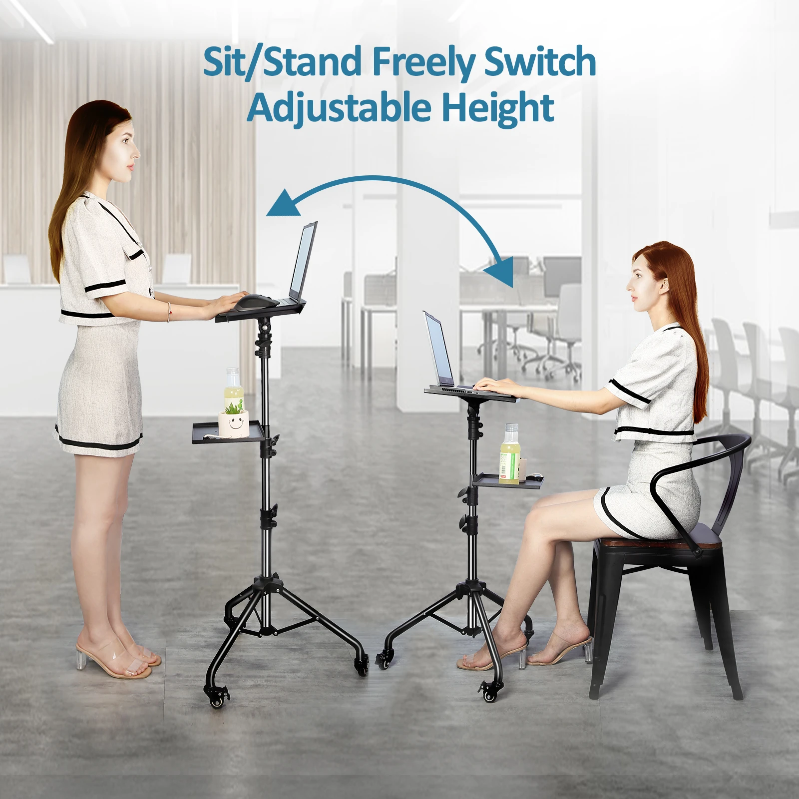 Adjustable Folding Laptop Table Stand with detachable tyres and 2 Trays for Comfort everywhere Bowlift by Bowlift
