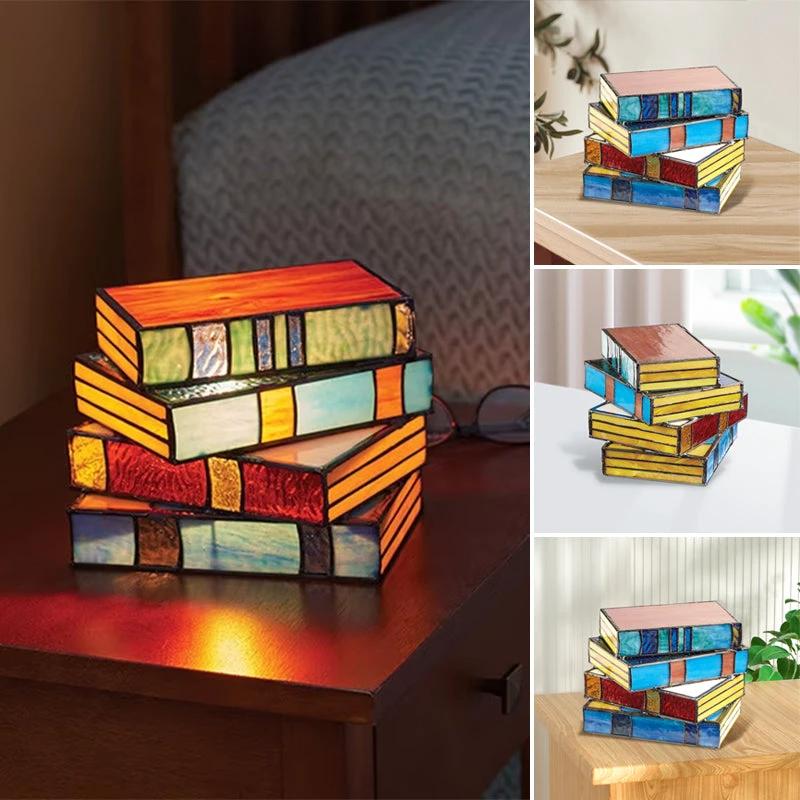 Lamp made of stacked books from stained glass by Bowlift