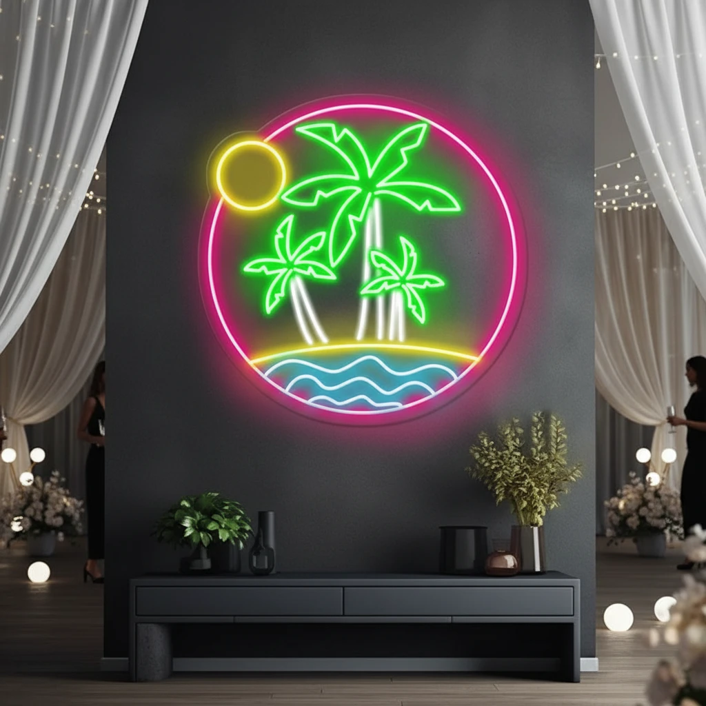 Round Palm Tree Beach Neon Sign Summer Led Neon Sign by Neonchics