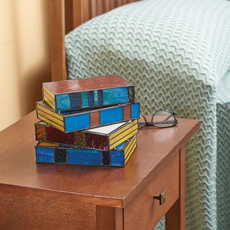 Lamp made of stacked books from stained glass by Bowlift