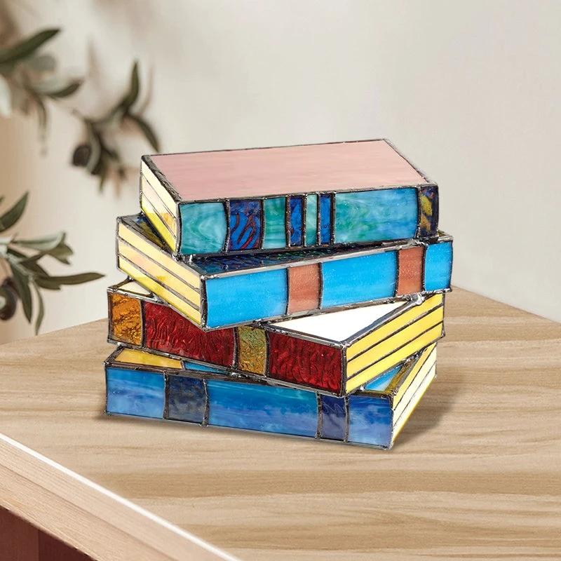 Lamp made of stacked books from stained glass by Bowlift