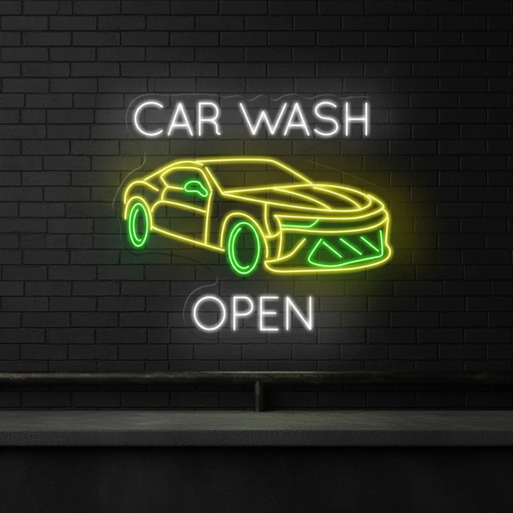 Car Wash Shop Open Neon Sign by Neonchics