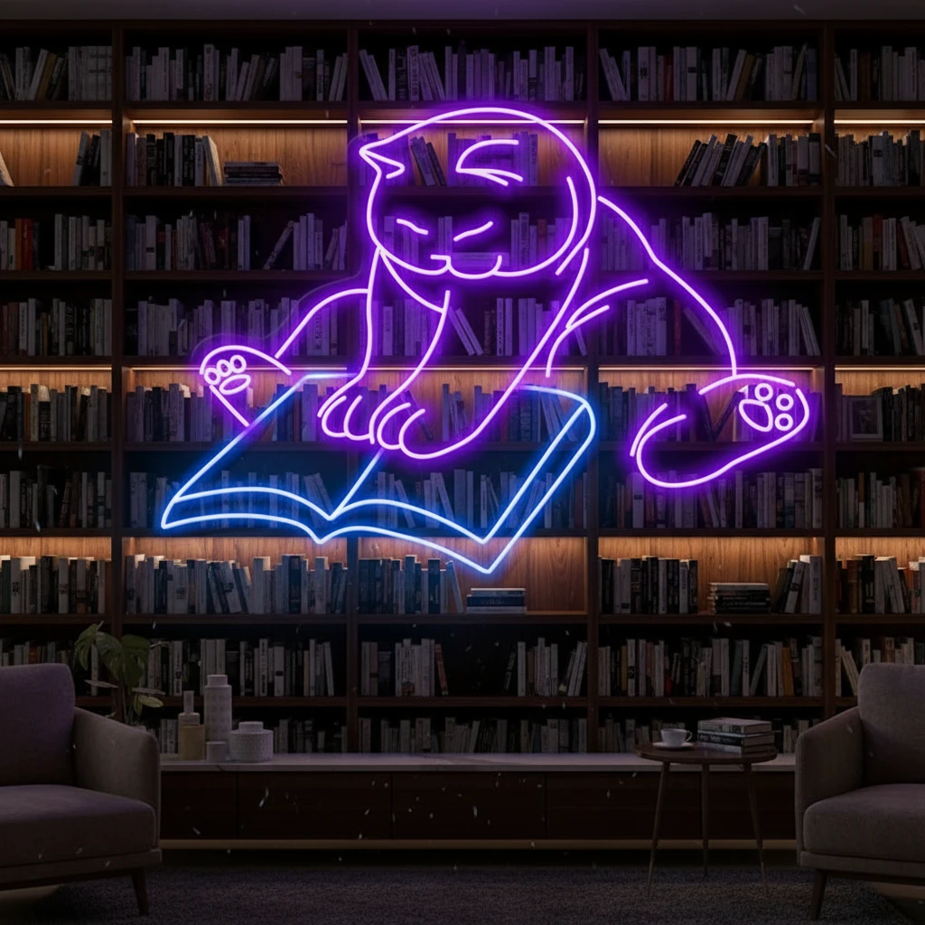 Cat Reading Led Neon Sign Wall Decor Art by Neonchics