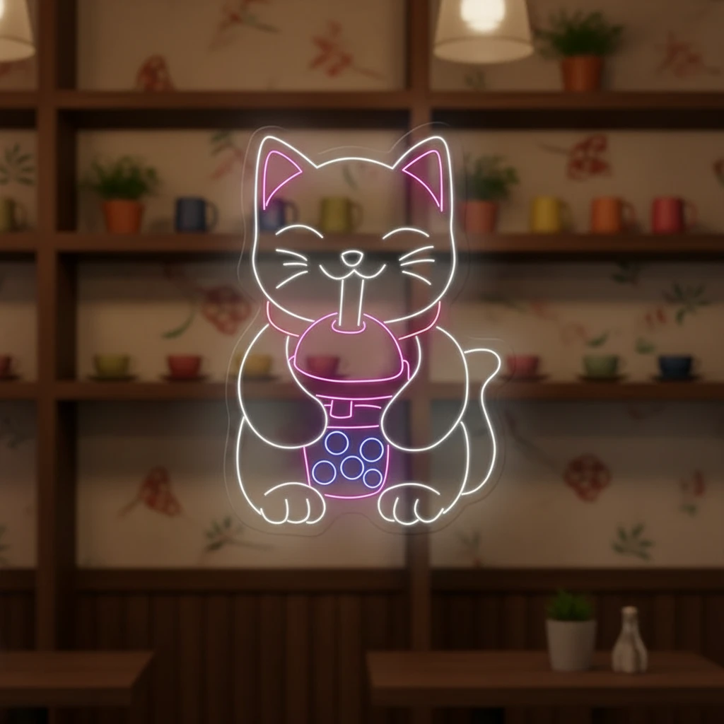 Cat Drinking Boba Tea Neon Sign Shop Decor Neon Sign by Neonchics