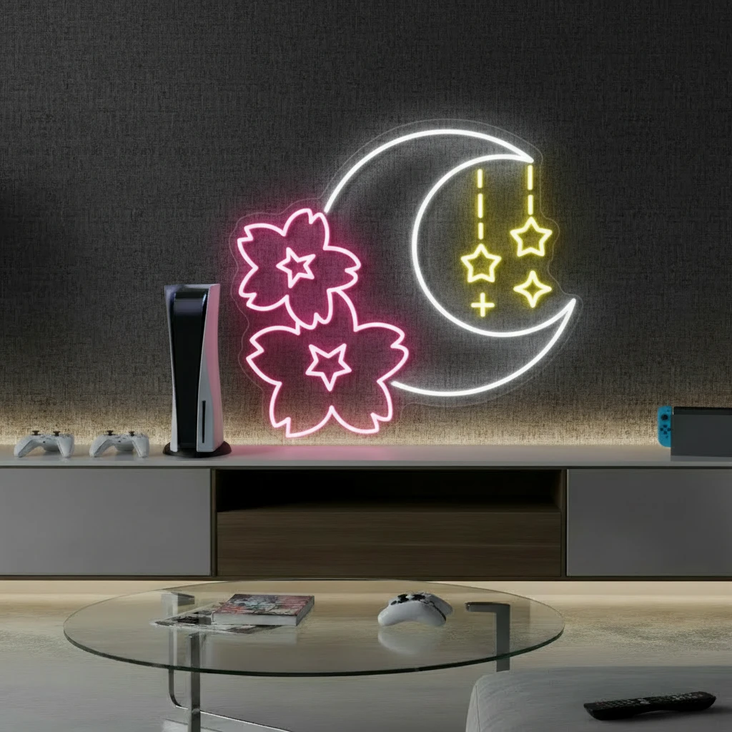 Sakura and Moon Neon Sign for Gaming Room Decor by Neonchics