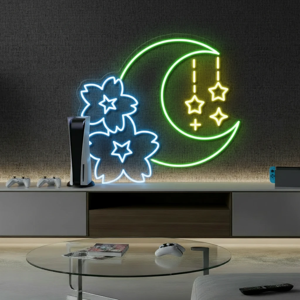 Sakura and Moon Neon Sign for Gaming Room Decor by Neonchics