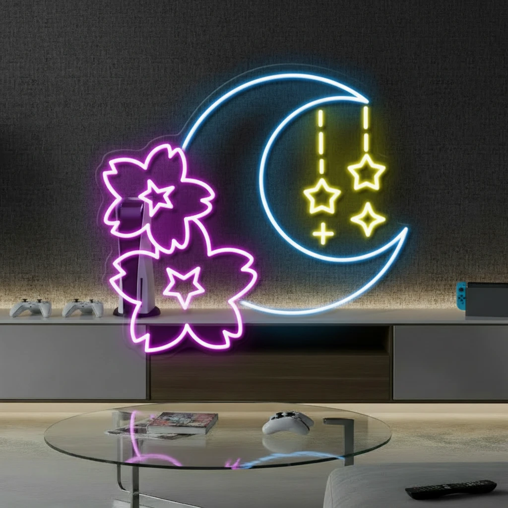 Sakura and Moon Neon Sign for Gaming Room Decor by Neonchics