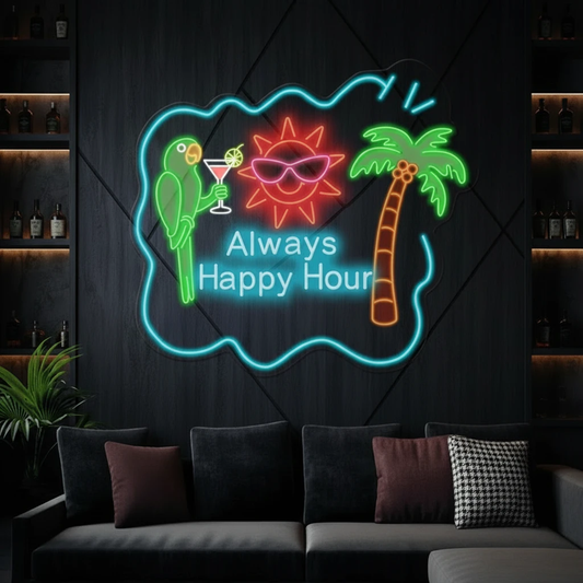 Always Happy Hour Palm Tree Led Neon Sign Tiki Bar Neon Sign by Neonchics