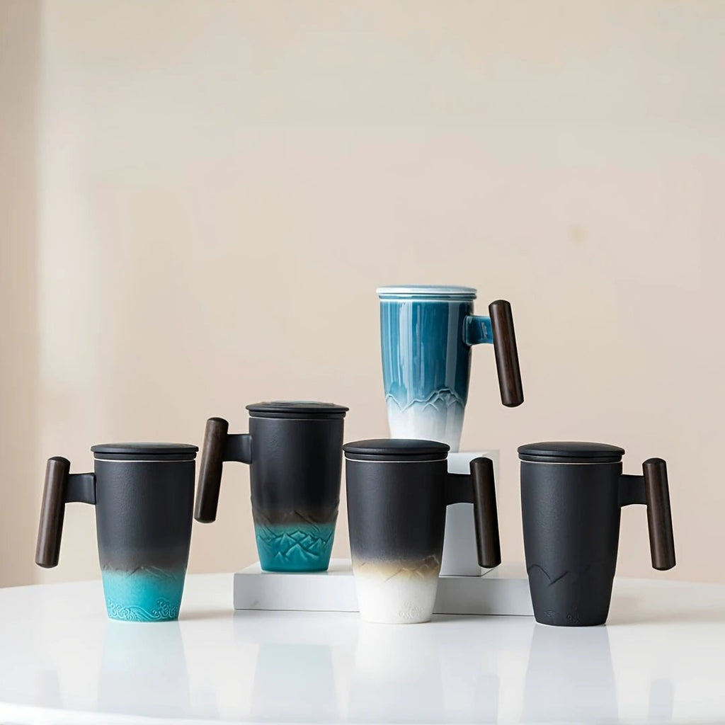 TeaCraft Ceramic Mug | Handmade | With Tea Infuser & Wooden Handle | Retro Design by BowLift