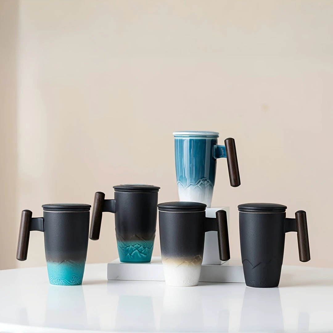 TeaCraft Ceramic Mug | Handmade | With Tea Infuser & Wooden Handle | Retro Design by BowLift