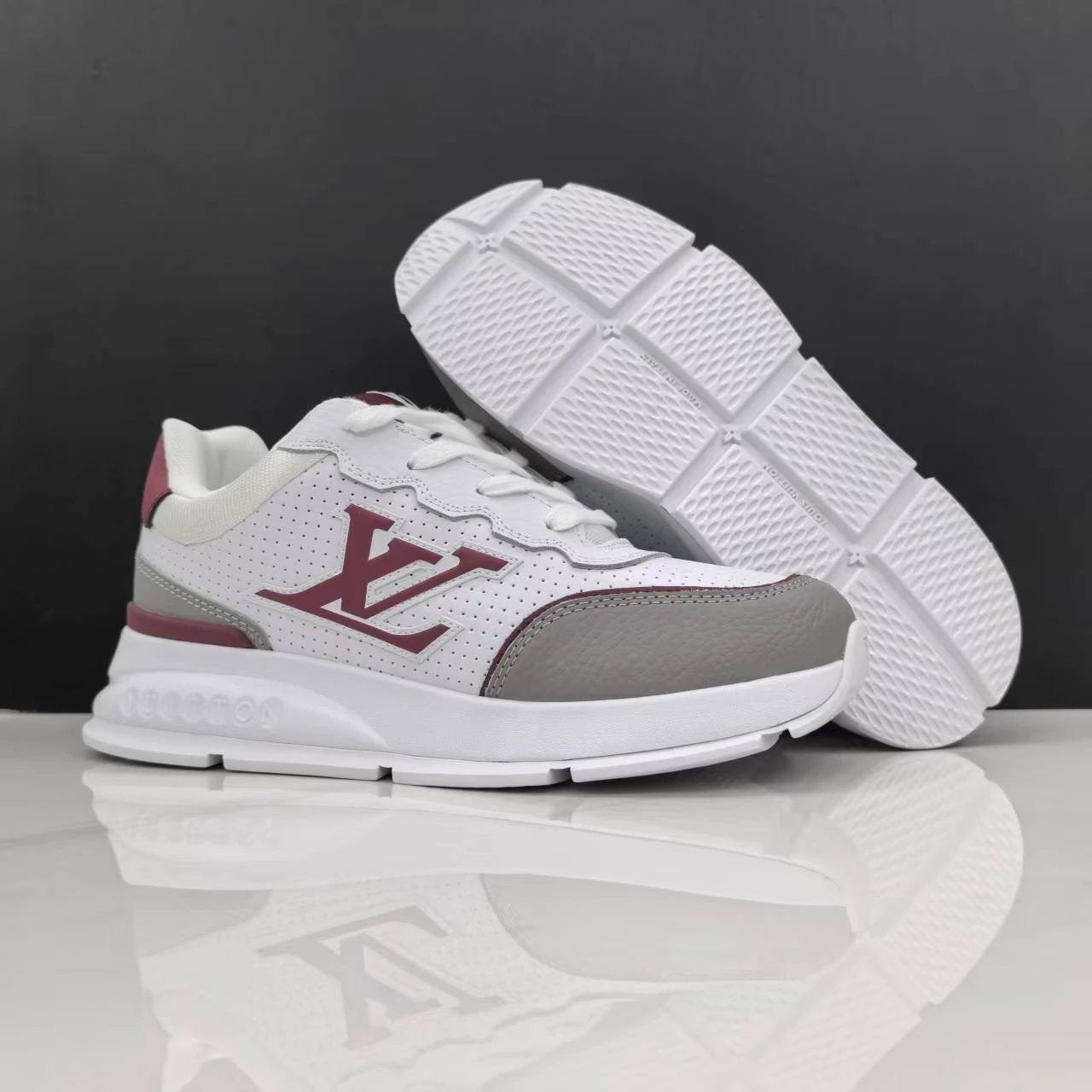 Luxury Lou Paris Classic Trainers White Grey Burgundy Shoes Sneakers by Air Jordan