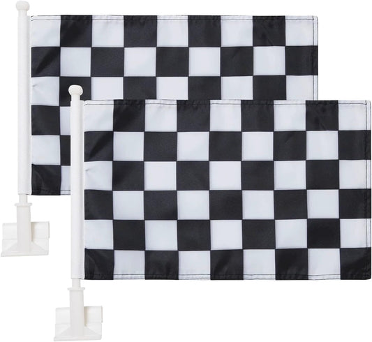 Black & White Checkered Flag Car Window Flag Racing Flag 11X18 Inch(28x46cm) 100% Polyester, Strong White Flagpole by flagsshop