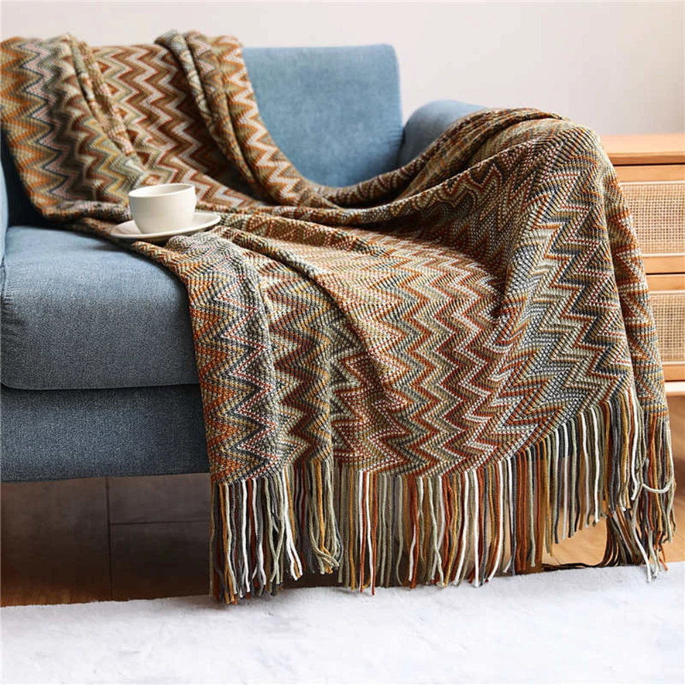 Multicolor Zigzag Tasseled Knit Throw by Casa & Beyond
