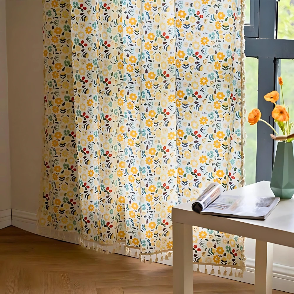 Yellow Flower Tassel Light Filtering Curtain by Casa & Beyond