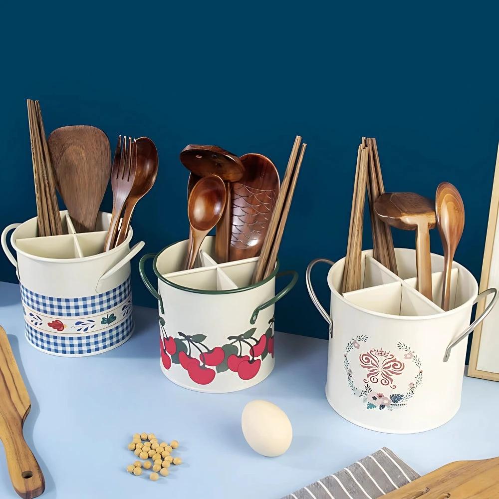 Floral Utensil Storage Basket with Divider Lid by Casa & Beyond