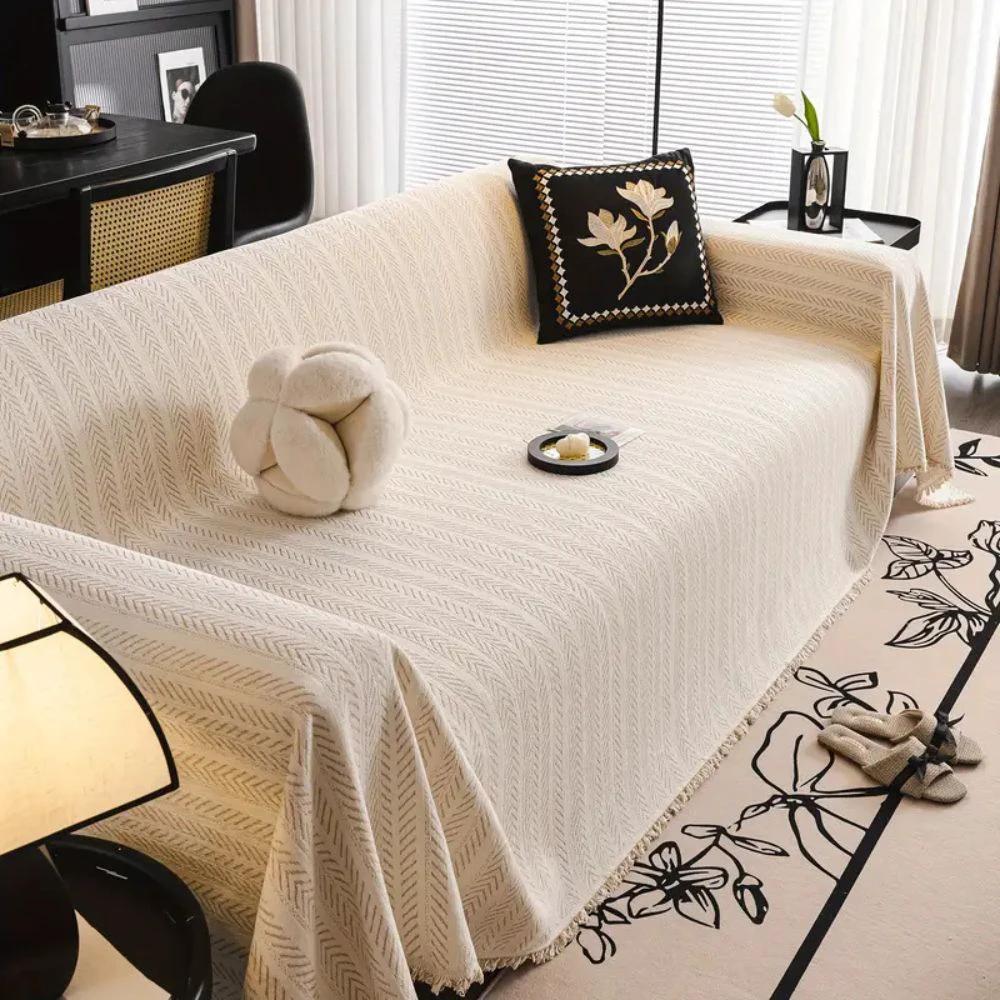 Herringbone Chenille Tassels Sofa Cover by Casa & Beyond