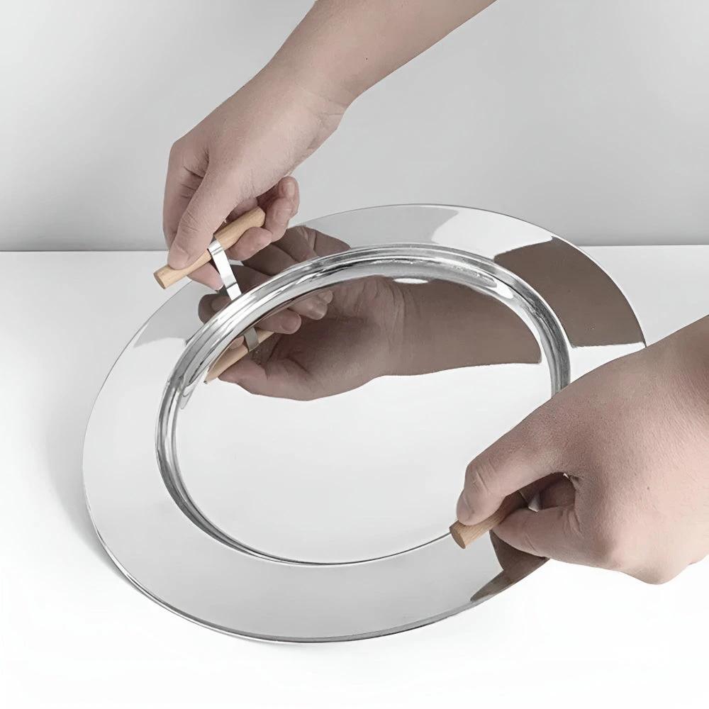 Elegant Stainless Steel Round Tray with Wooden Handles by Casa & Beyond