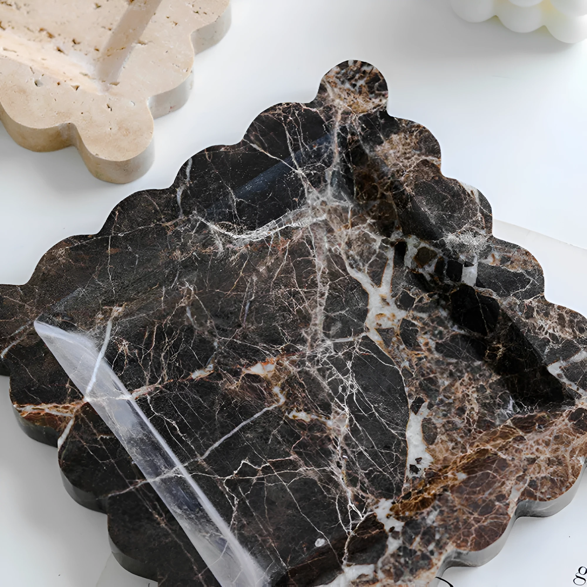 Scalloped Marble Travertine Jewellery Tray by Casa & Beyond
