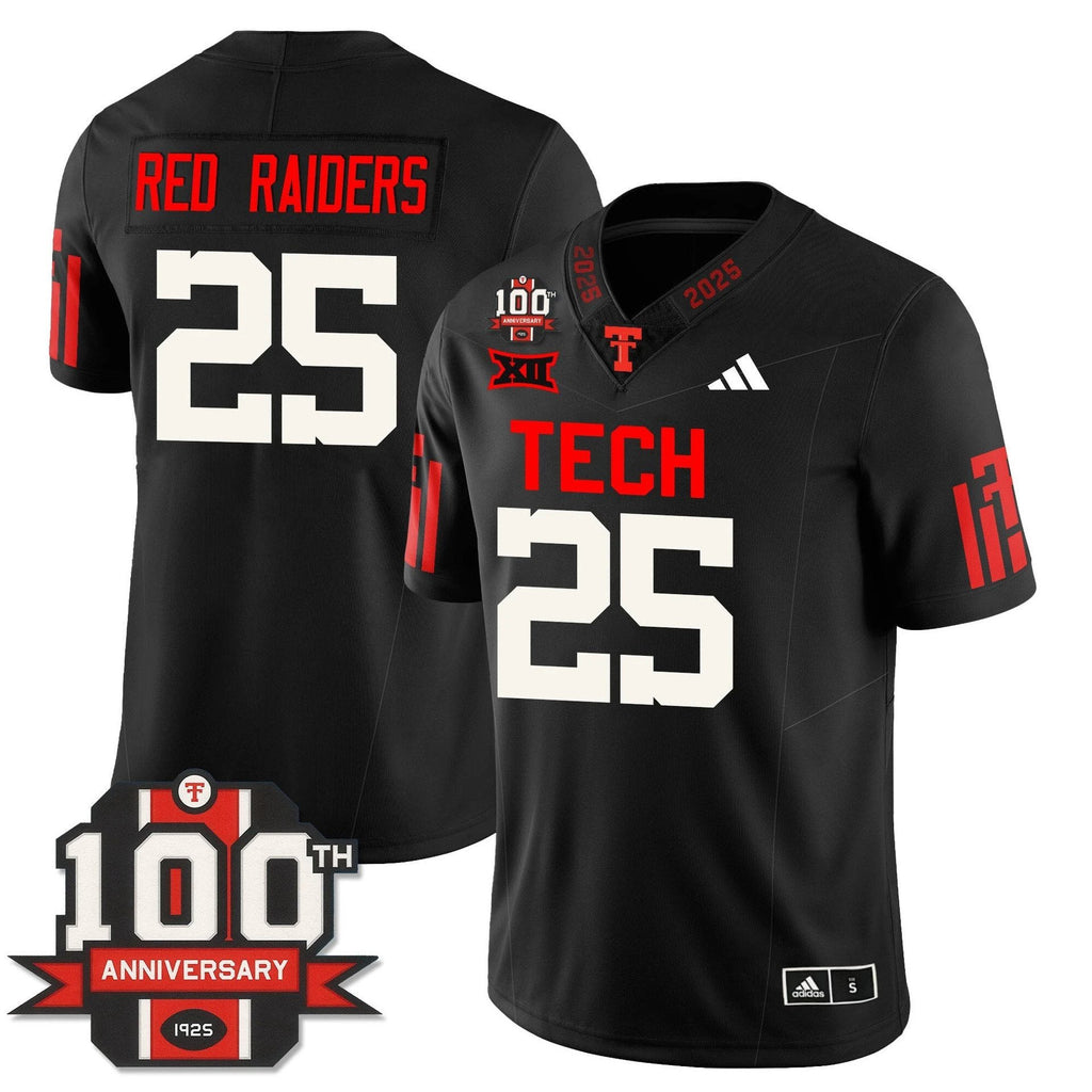 Red Raiders Jersey #25 Texas Tech Football 100th Anniversary Stitched Black by My Store NCAA Football Jerseys