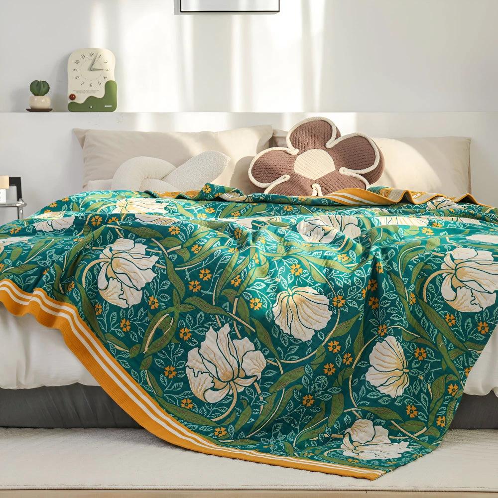 Green Botanical Bloom Cotton Blanket by Casa & Beyond