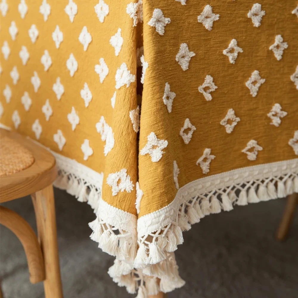 Versatile Yellow Embroidered Tassel Tablecloth by Casa & Beyond
