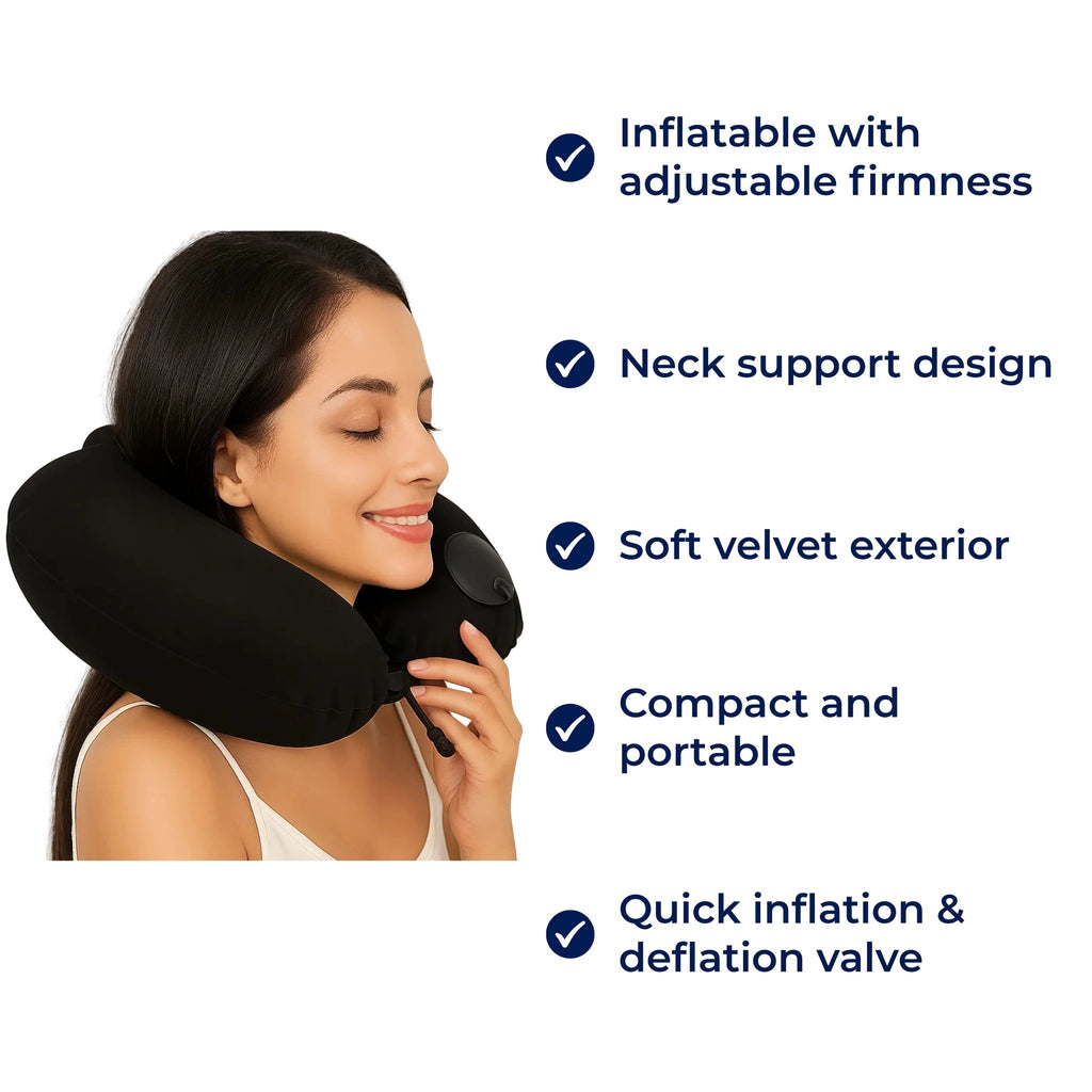 TravelThrive | Inflatable Travel Neck Pillow – Adjustable Firmness – Soft Velvet Cover – Neck Pain Relief – Compact for All Journeys Bowlift by Bowlift