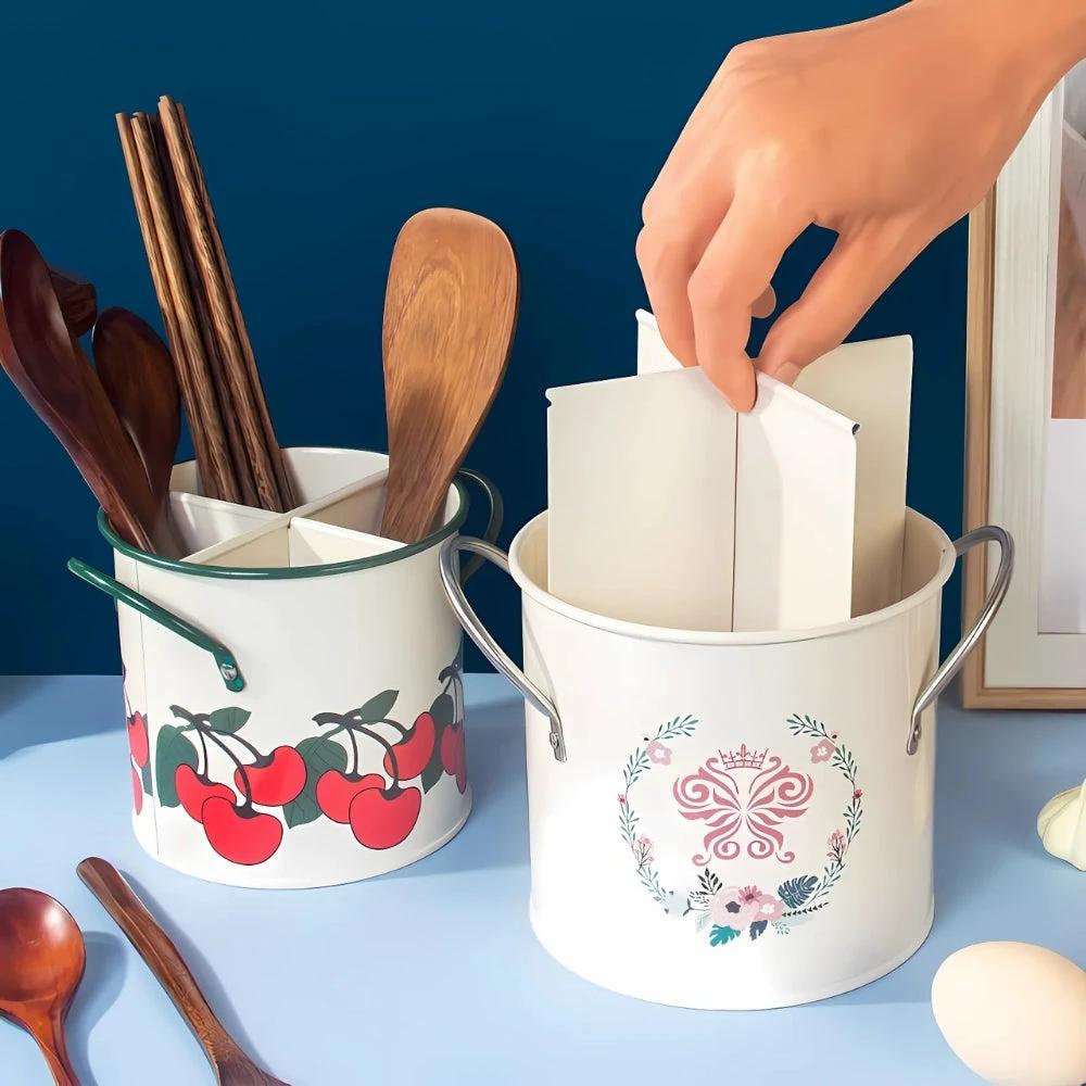 Floral Utensil Storage Basket with Divider Lid by Casa & Beyond