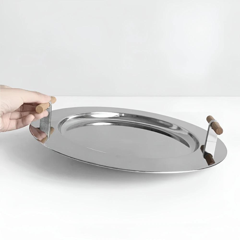 Elegant Stainless Steel Round Tray with Wooden Handles by Casa & Beyond