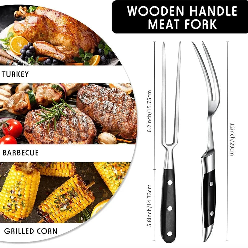 12" Stainless Steel Meat Fork with Wooden Handle for Grill BBQ Cooking by Bowlift