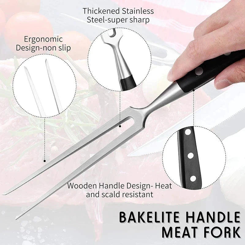 12" Stainless Steel Meat Fork with Wooden Handle for Grill BBQ Cooking by Bowlift