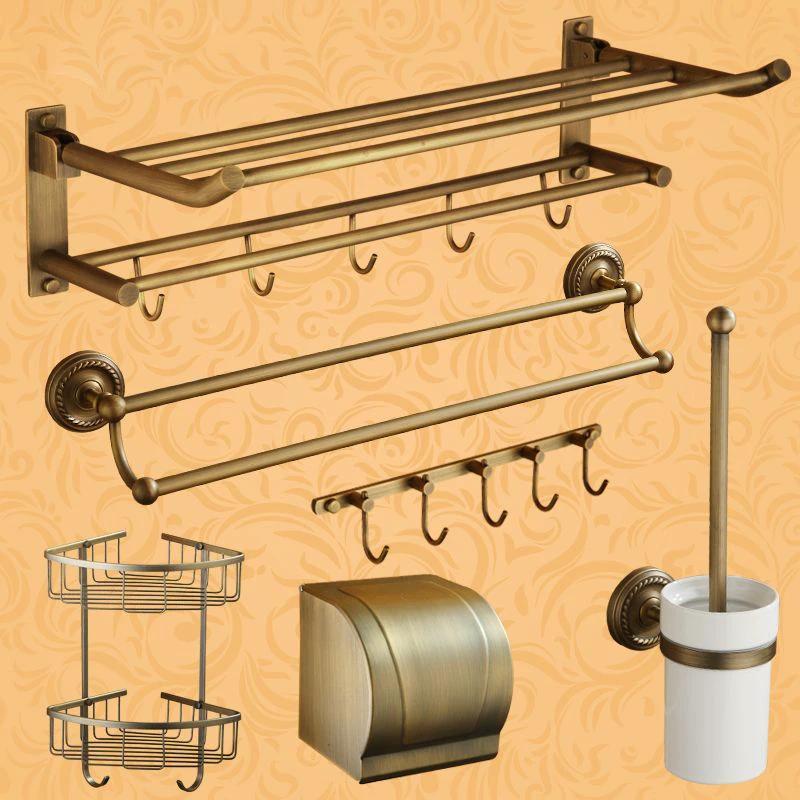 Worn Brass Traditional Bathroom Set with Bath Shelf/Paper Holder & Towel Bar by BowLift
