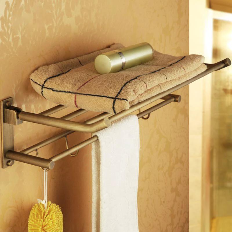 Worn Brass Traditional Bathroom Set with Bath Shelf/Paper Holder & Towel Bar by BowLift