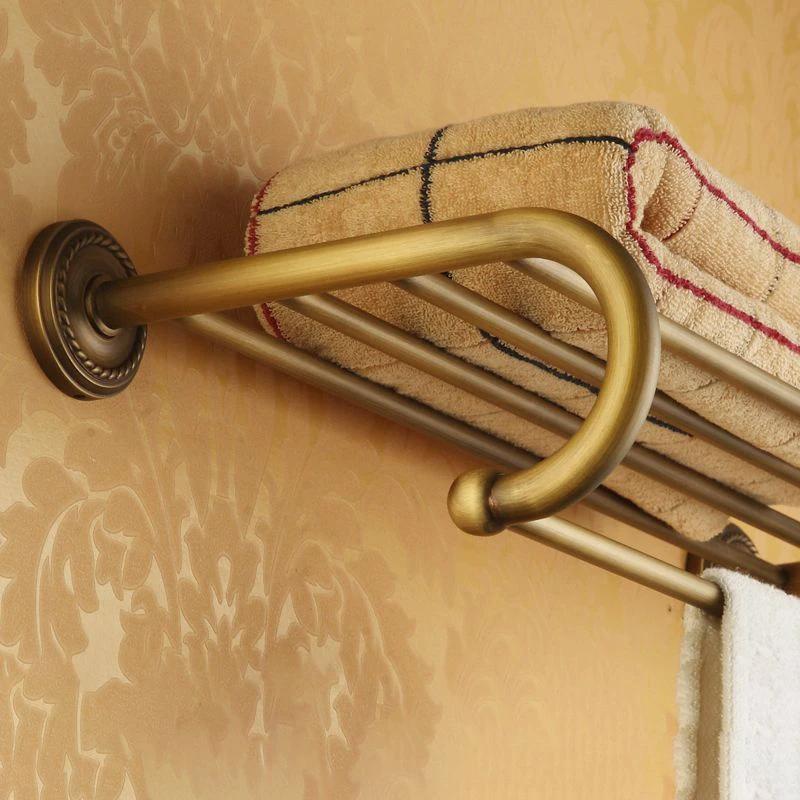 Worn Brass Traditional Bathroom Set with Bath Shelf/Paper Holder & Towel Bar by BowLift