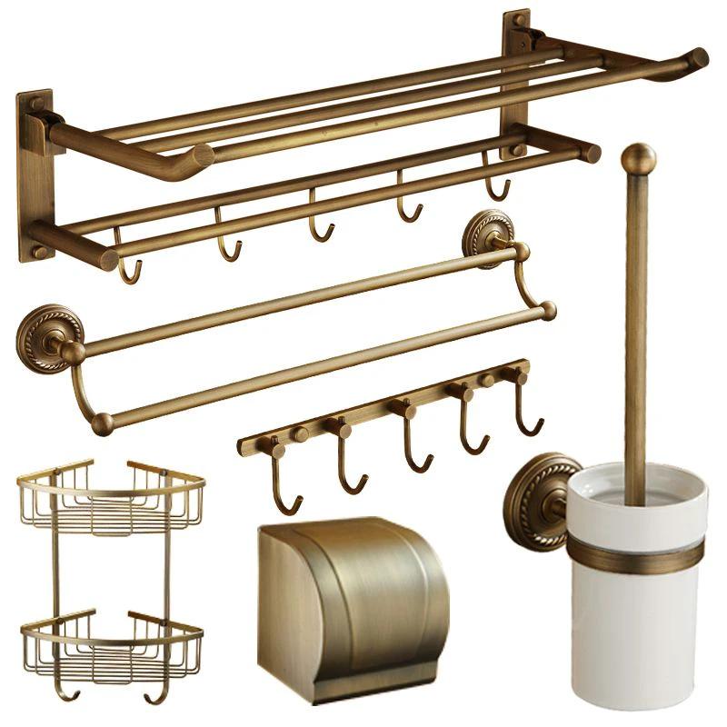 Worn Brass Traditional Bathroom Set with Bath Shelf/Paper Holder & Towel Bar by BowLift
