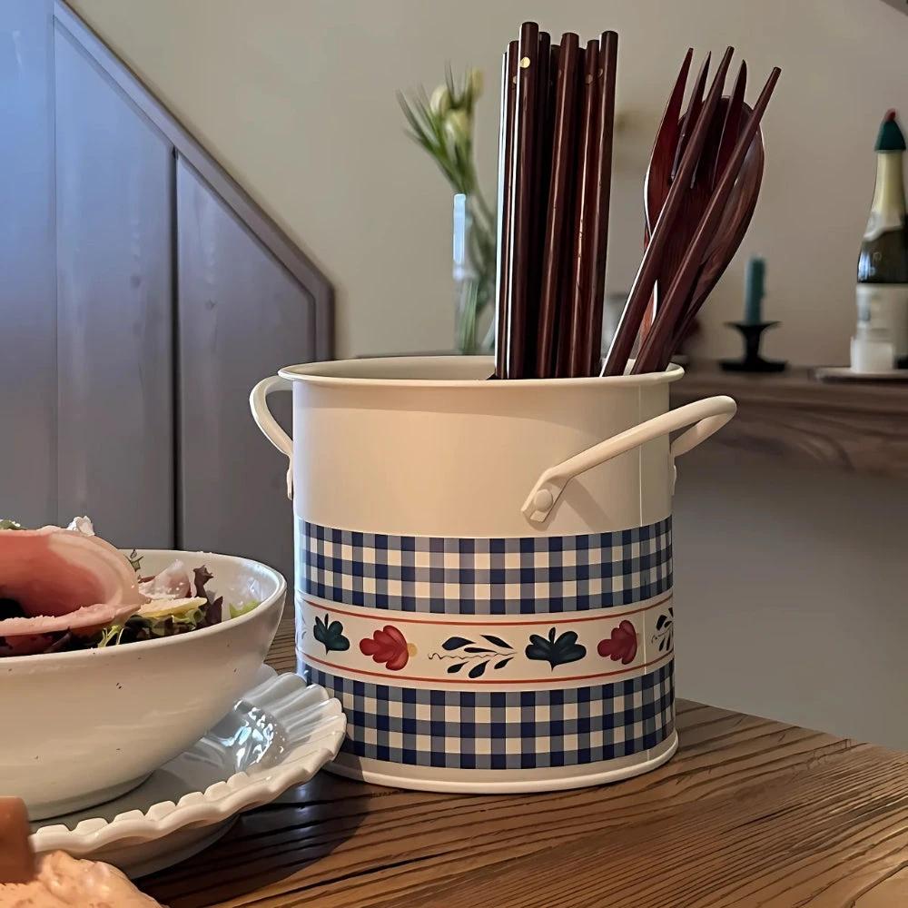 Floral Utensil Storage Basket with Divider Lid by Casa & Beyond