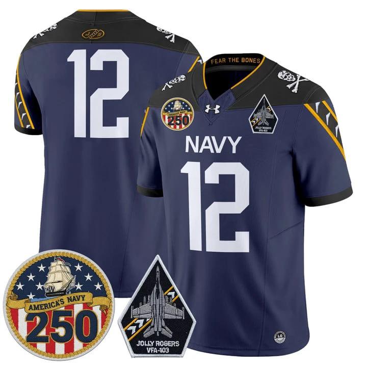 12th Man Jersey #12 Navy Midshipmen Jolly Rogers 250th Patch Stitched by My Store NCAA Football Jerseys
