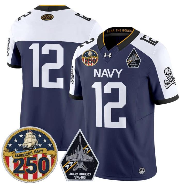 12th Man Jersey #12 Navy Midshipmen Jolly Rogers 250th Patch Stitched by My Store NCAA Football Jerseys