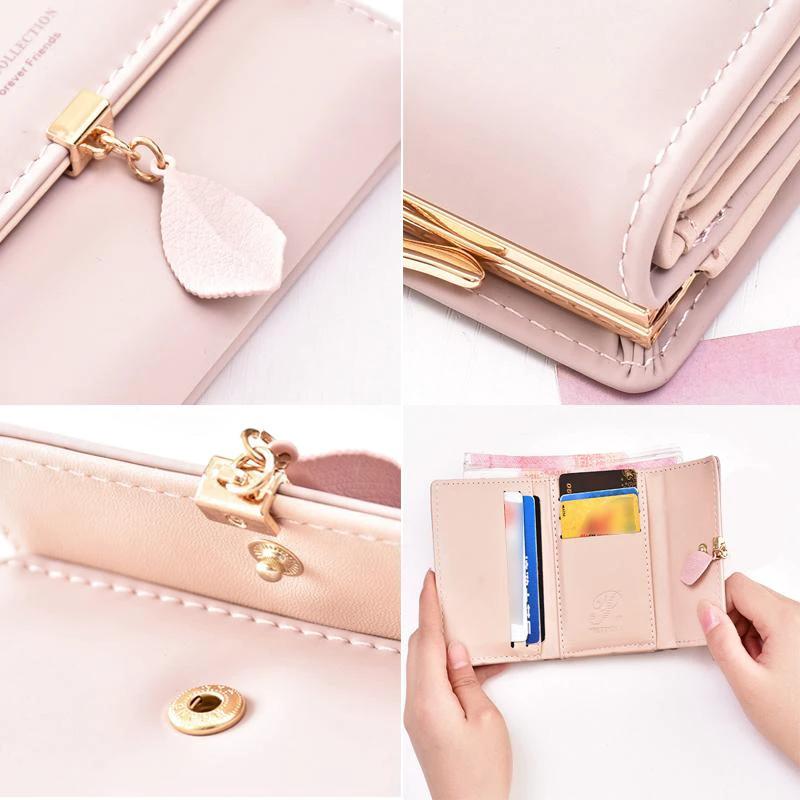 Short wallet with three folds and leaf decor by Bowlift