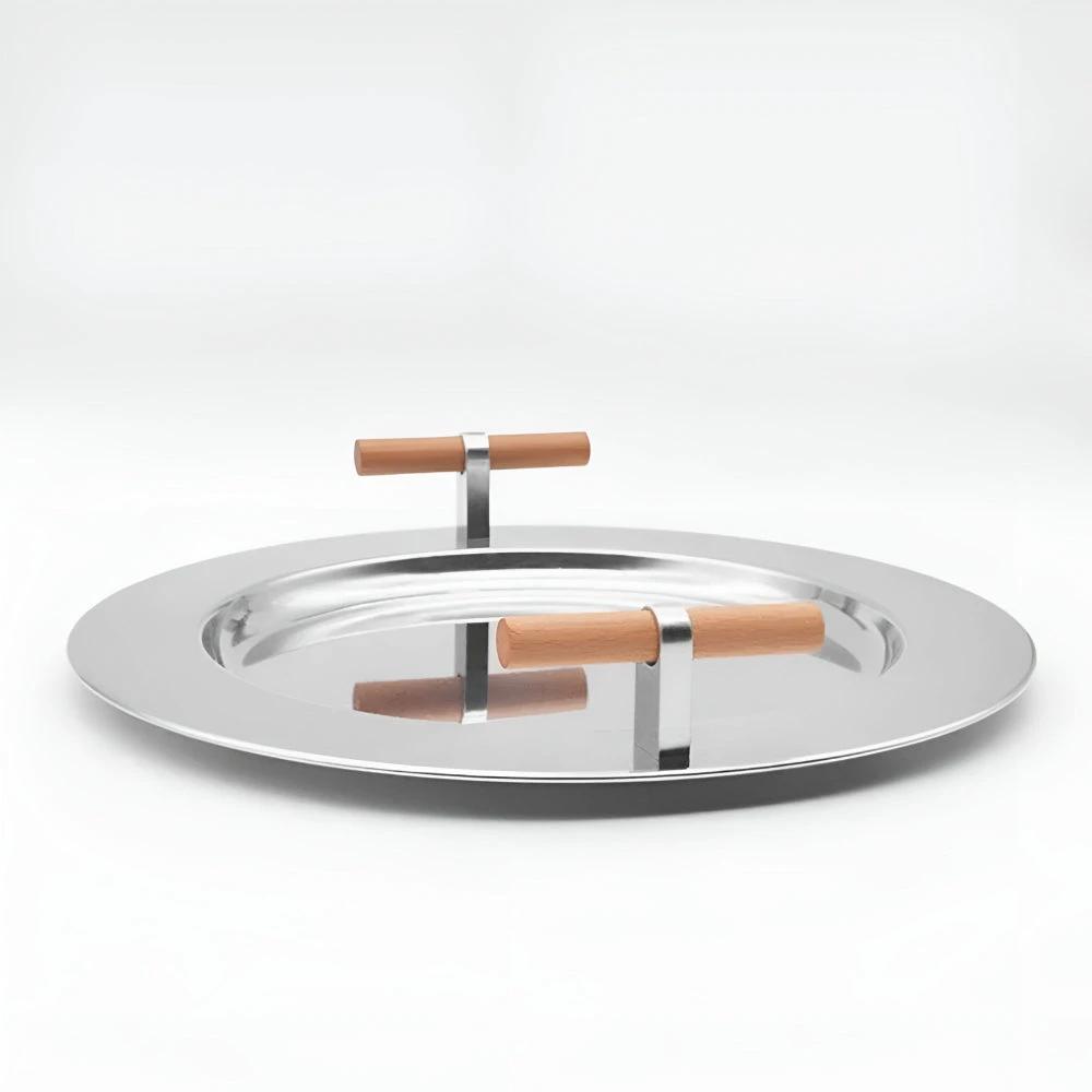 Elegant Stainless Steel Round Tray with Wooden Handles by Casa & Beyond
