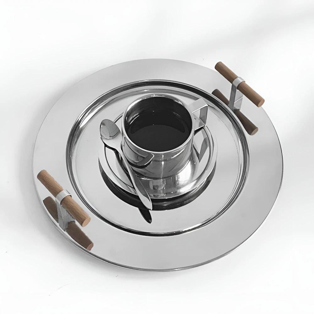 Elegant Stainless Steel Round Tray with Wooden Handles by Casa & Beyond