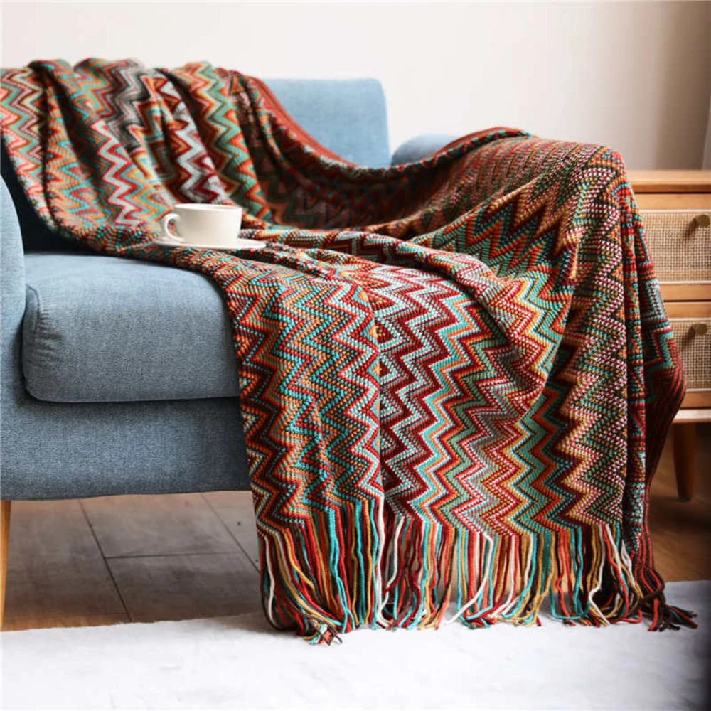 Multicolor Zigzag Tasseled Knit Throw by Casa & Beyond