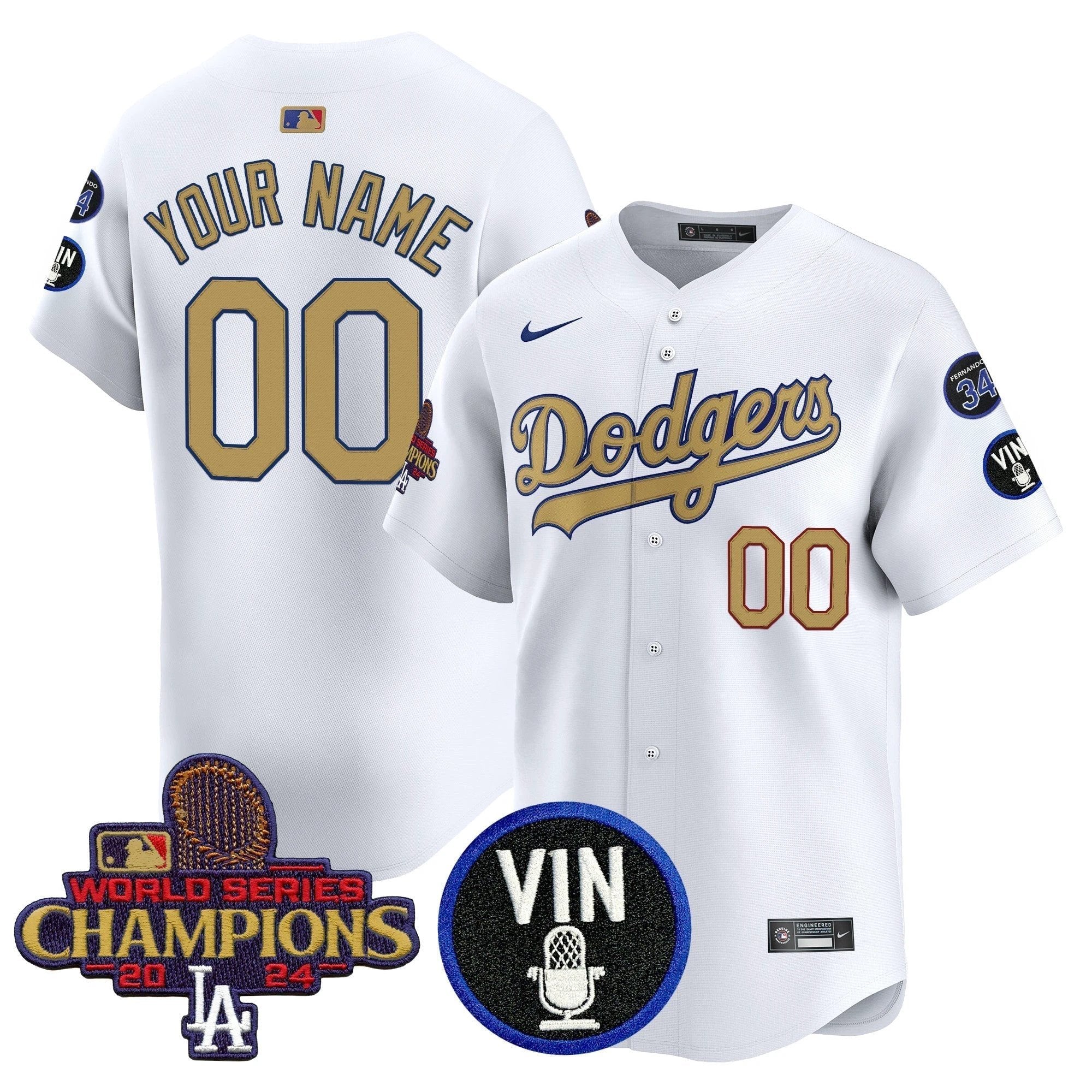 Dodgers 2025 Vin Scully & #34 Fernando Patch Gold Vapor Premier Limited Custom Jersey - All Stitched by Los Angeles Dodgers