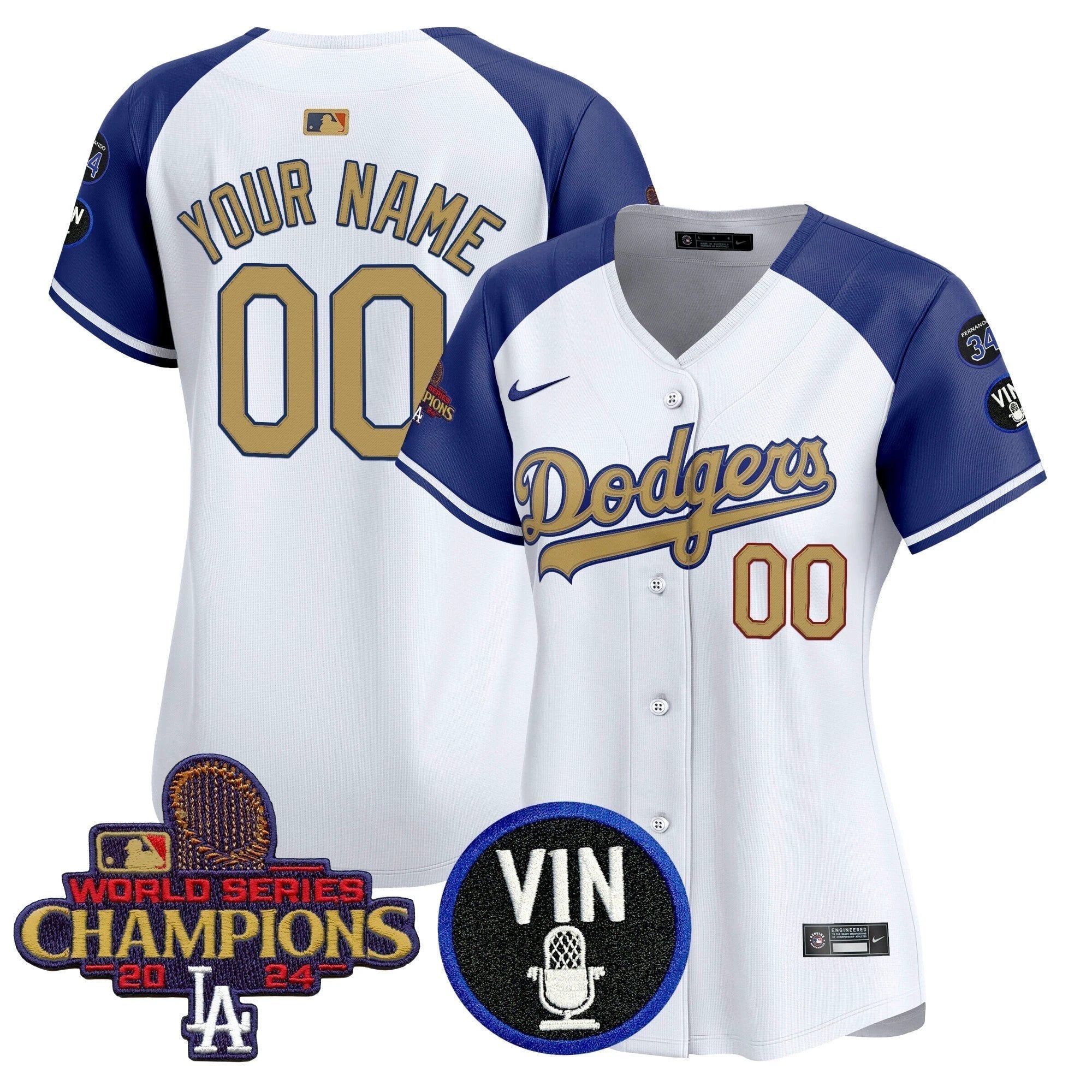 Dodgers 2025 Vin Scully & #34 Fernando Patch Gold Vapor Premier Limited Custom Jersey - All Stitched by Los Angeles Dodgers
