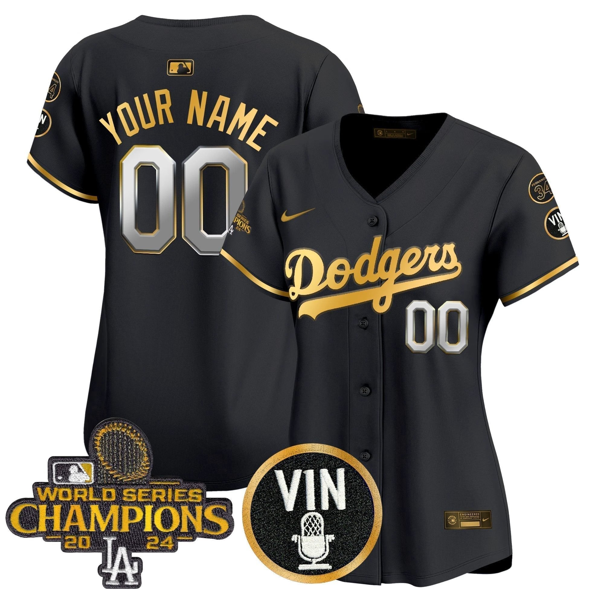 Dodgers 2025 Vin Scully & #34 Fernando Patch Gold Vapor Premier Limited Custom Jersey - All Stitched by Los Angeles Dodgers