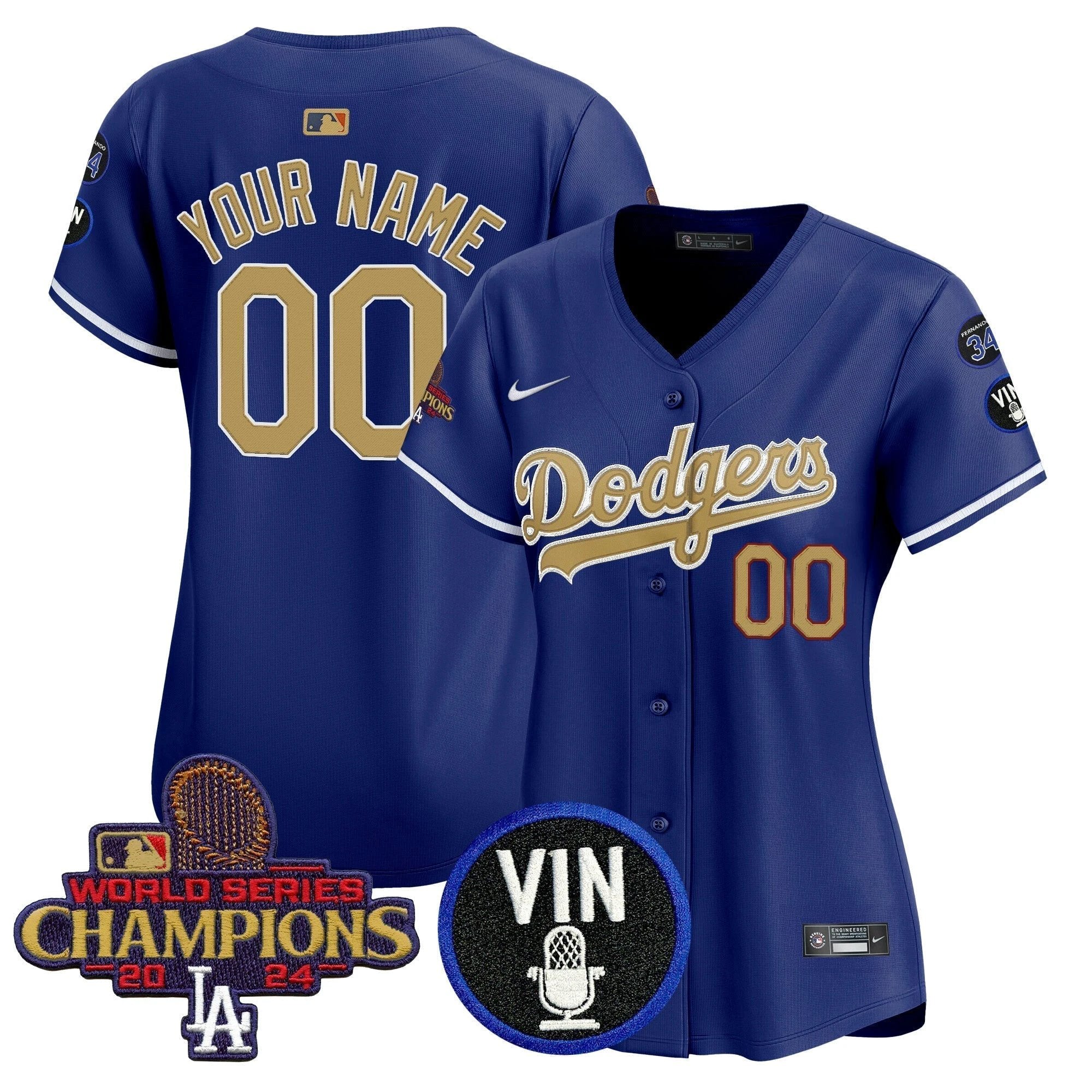 Dodgers 2025 Vin Scully & #34 Fernando Patch Gold Vapor Premier Limited Custom Jersey - All Stitched by Los Angeles Dodgers