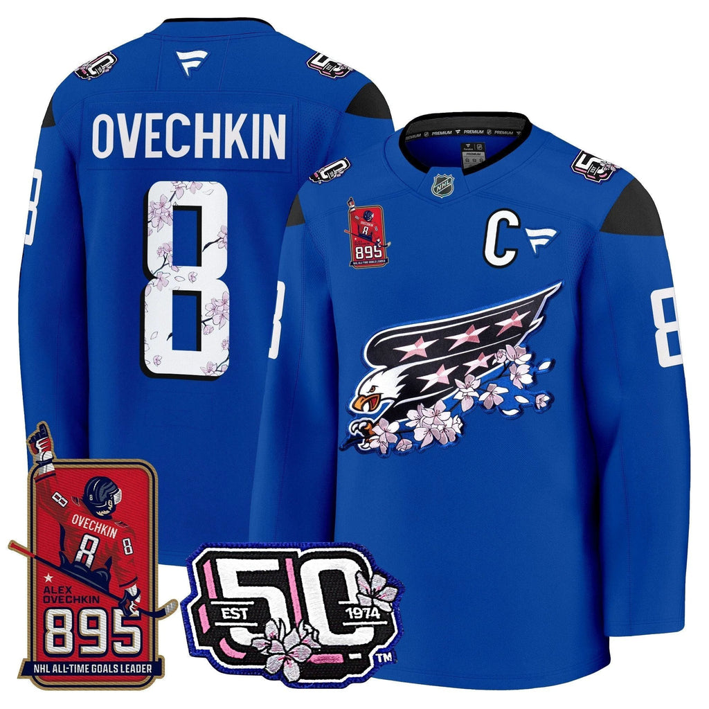 Ovechkin Washington Capitals All-Time Leading Goals Leader Patch Cherry Blossom Premium Jersey - All Stitched by Washington Capitals