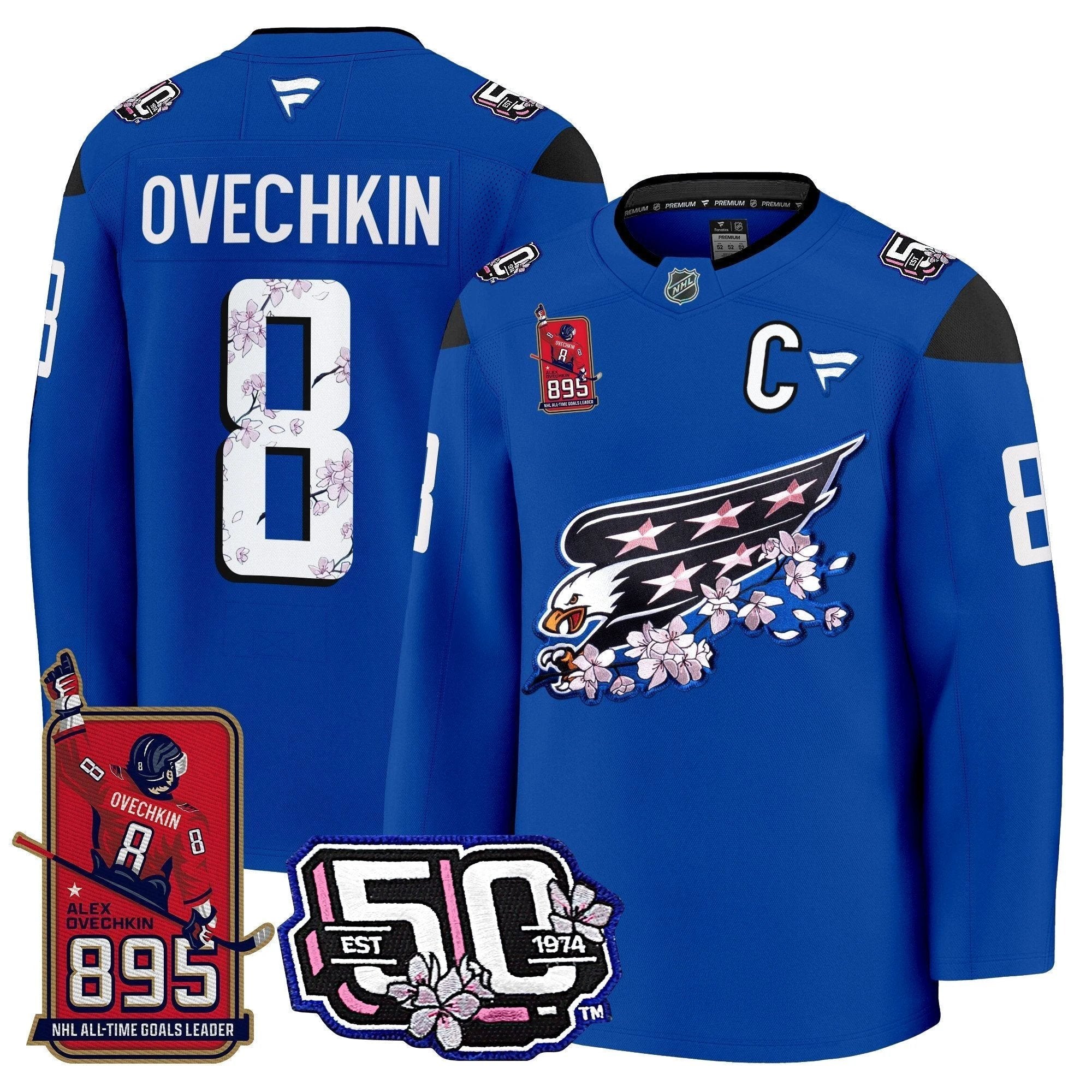 Ovechkin Washington Capitals All-Time Leading Goals Leader Patch Cherry Blossom Premium Jersey - All Stitched by Washington Capitals