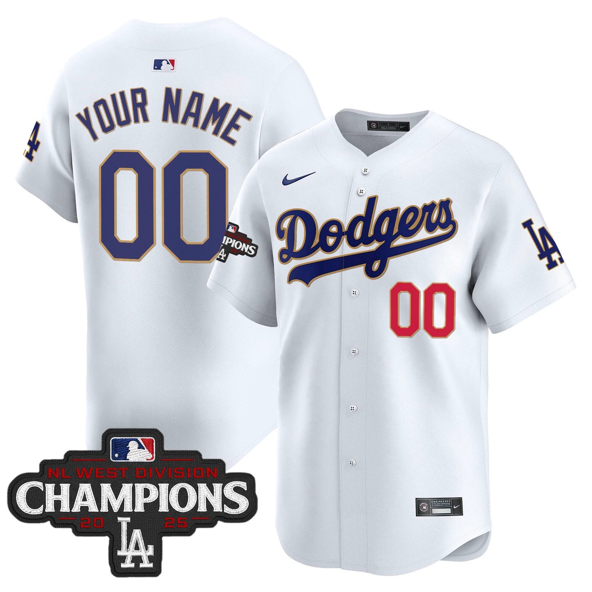 Dodgers 2025 NL West Division Champions Patch Gold Trim Vapor Premier Limited Custom Jersey - All Stitched by Los Angeles Dodgers
