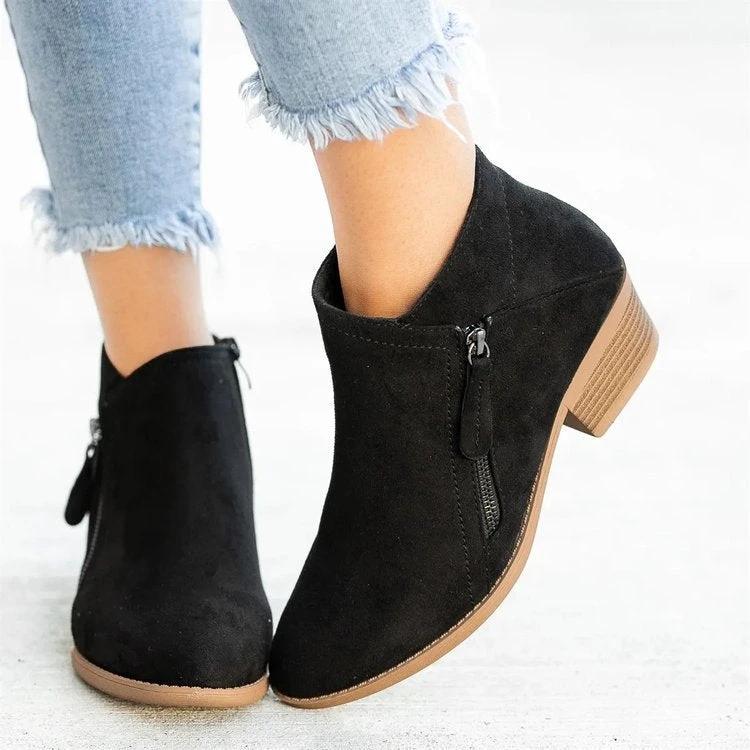 BowLift 丨 Women's Large Size Suede Martin Ankle Boots Low Thick Heel Side Zipper Rubber Sole by BowLift